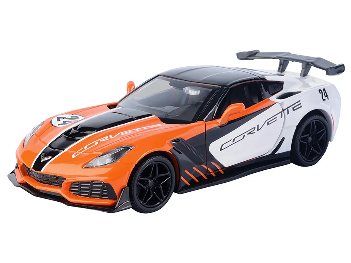 2019 Chevrolet Corvette Zr1 #24 Orange And White With Black Graphics "Gt Racing" Series 1/24 Diecast Model Car By Motormax 2