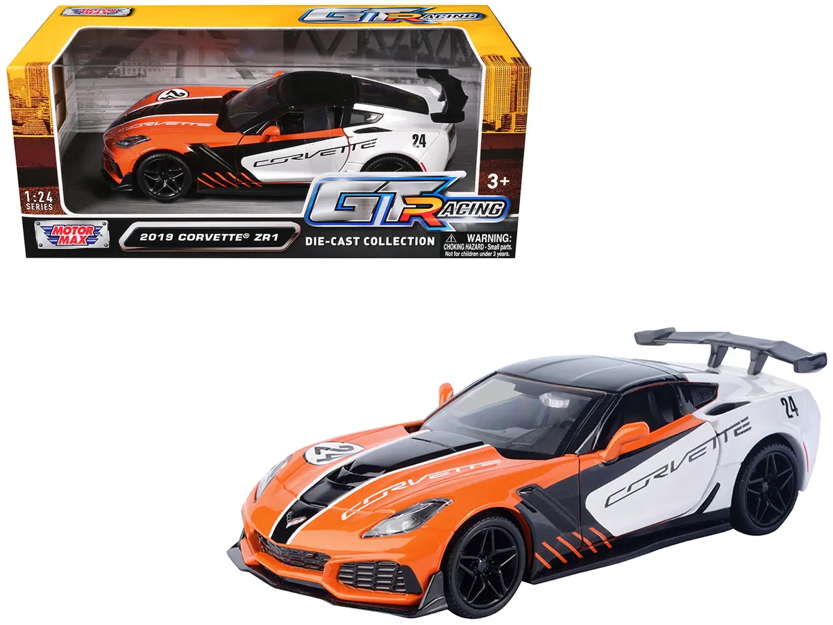 2019 Chevrolet Corvette Zr1 #24 Orange And White With Black Graphics "Gt Racing" Series 1/24 Diecast Model Car By Motormax 1