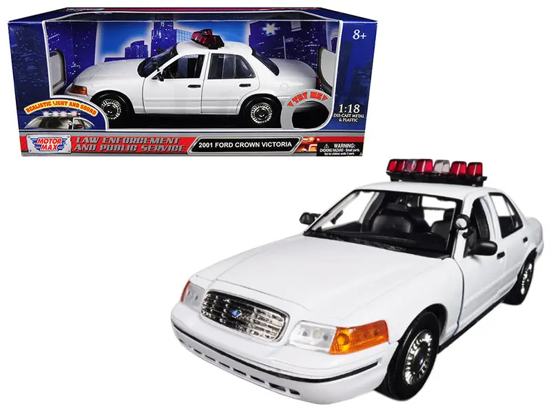 2001 Ford Crown Victoria Police Car Plain White With Flashing Light Bar, Front And Rear Lights And Sound 1/18 Diecast Model Car By Motormax 1
