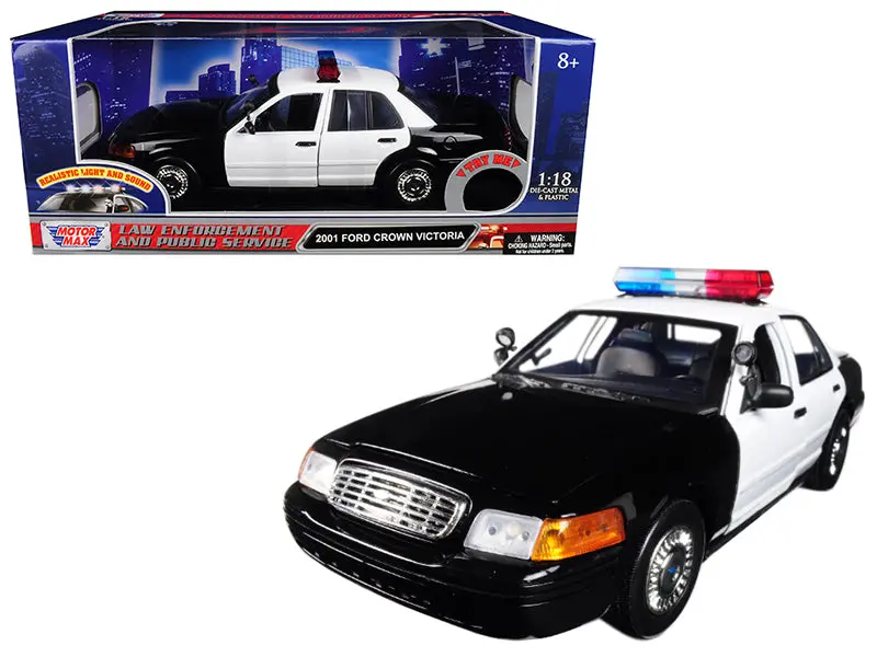 2001 Ford Crown Victoria Police Car Plain Black & White With Flashing Light Bar, Front And Rear Lights And Sound 1/18 Diecast Model Car By Motormax 1
