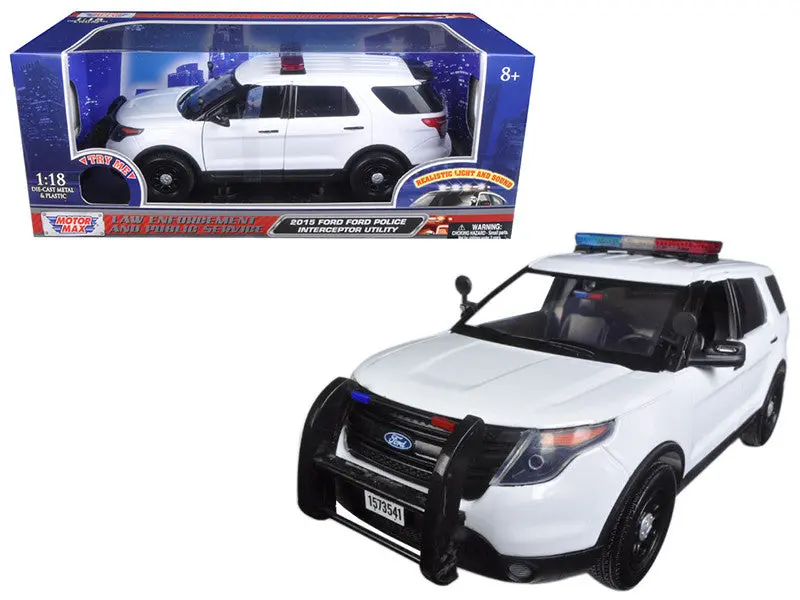 2015 Ford Police Interceptor Utility White With Flashing Light Bar, Front And Rear Lights And 2 Sounds 1/18 Diecast Model Car  By Motormax 1