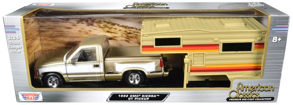1992 Gmc Sierra Gt Pickup Truck Gold Metallic With White Sides With Camper Shell "American Classics" Series 1/24 Diecast Model Car By Motormax 1