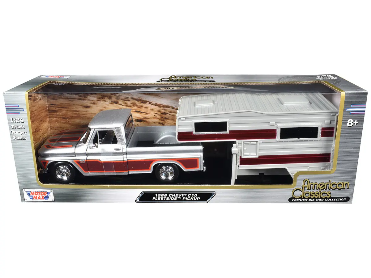 1966 Chevrolet C10 Fleetside Pickup Truck Silver Metallic With Brown Sides With Camper Shell "American Classics" Series 1/24 Diecast Model By Motormax 1
