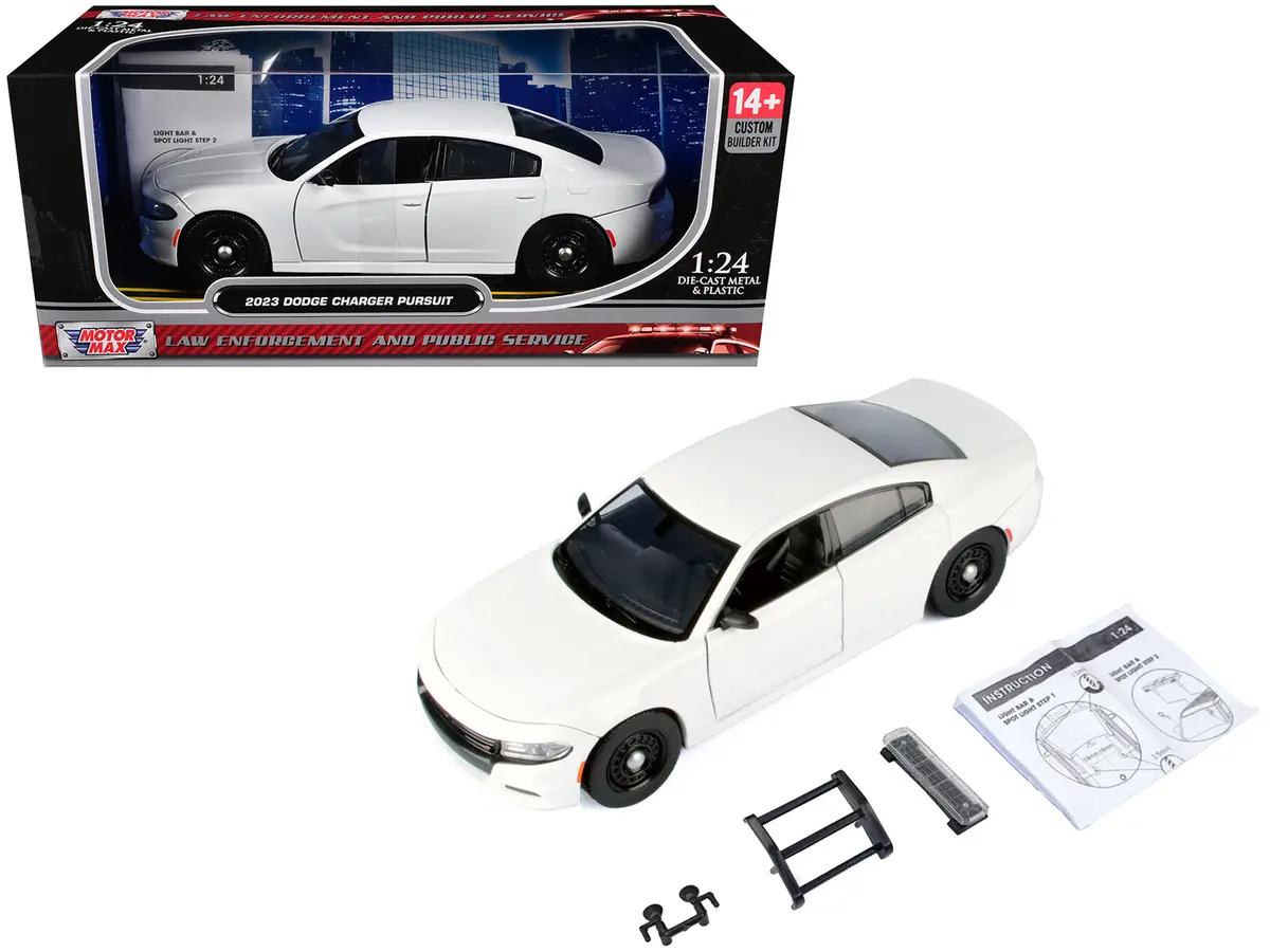 2023 Dodge Charger Pursuit Police Car White "Custom Builder's Kit - Law Enforcement And Public Service" Series 1/24 Diecast Model Car By Motormax 1