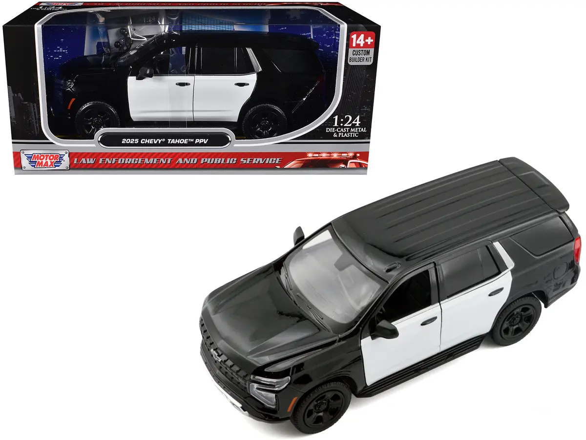 2025 Chevrolet Tahoe Ppv Black And White "Custom Builder's Kit - Law Enforcement And Public Service" Series 1/24 Diecast Model Car By Motormax 1