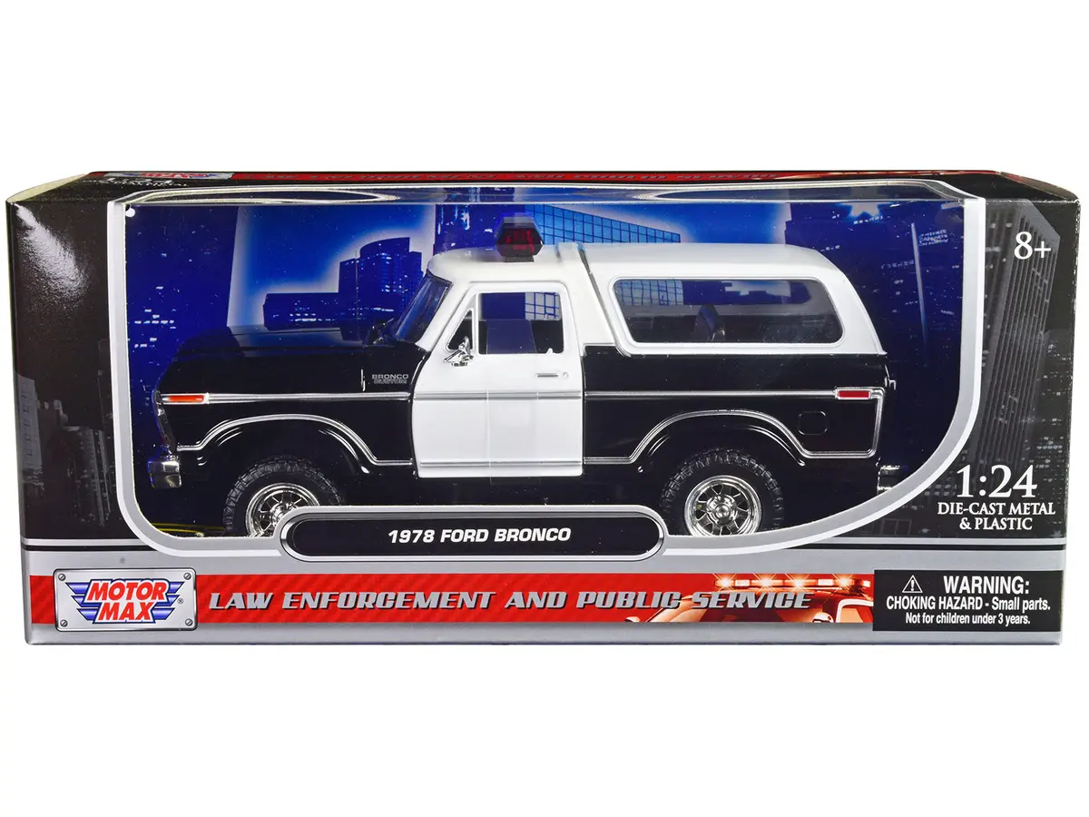 1978 Ford Bronco Police Car Unmarked Black And White "Law Enforcement And Public Service" Series 1/24 Diecast Model By Motormax 1