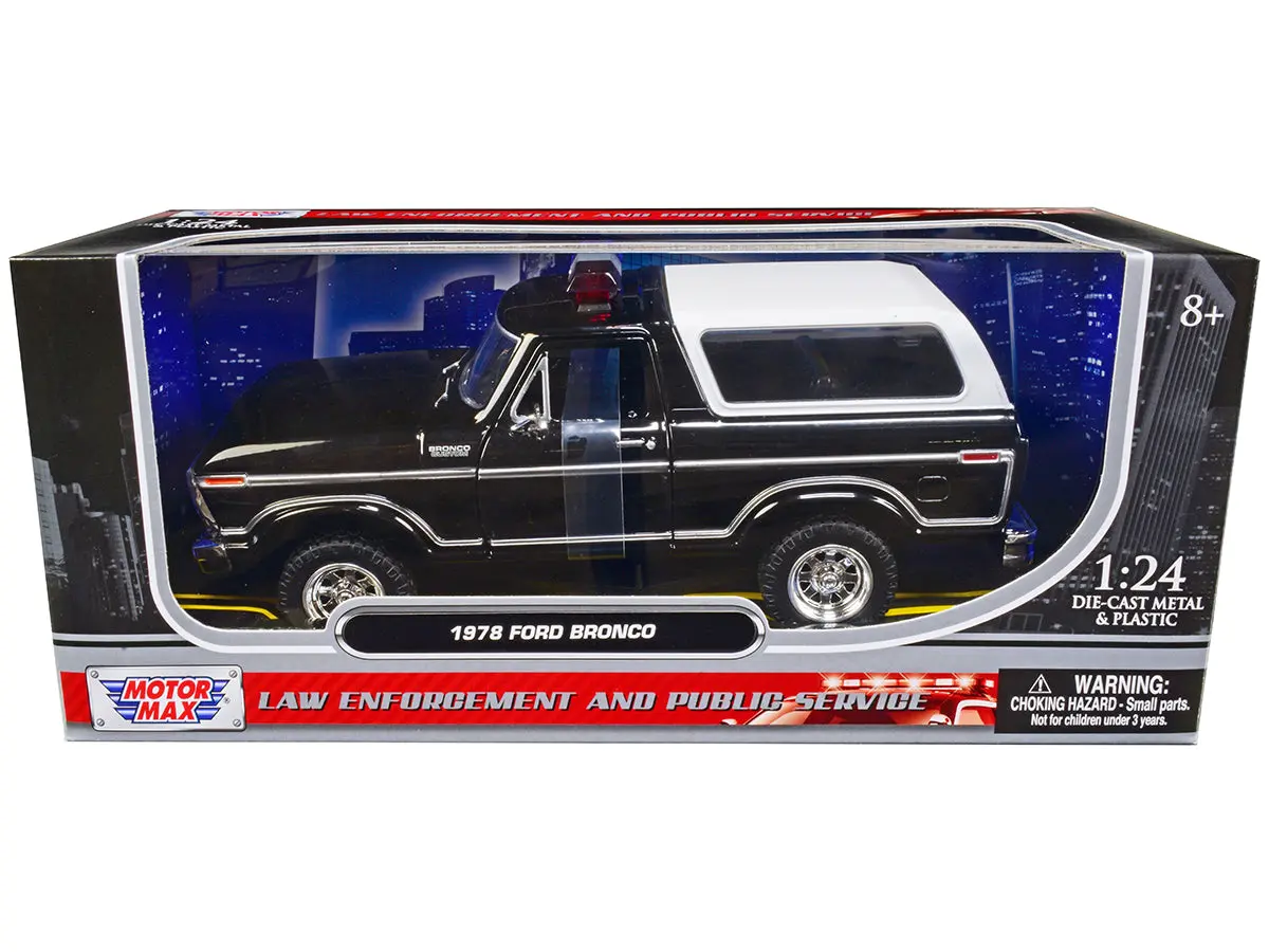 1978 Ford Bronco Police Car Unmarked Black With White Top "Law Enforcement And Public Service" Series 1/24 Diecast Model By Motormax 1