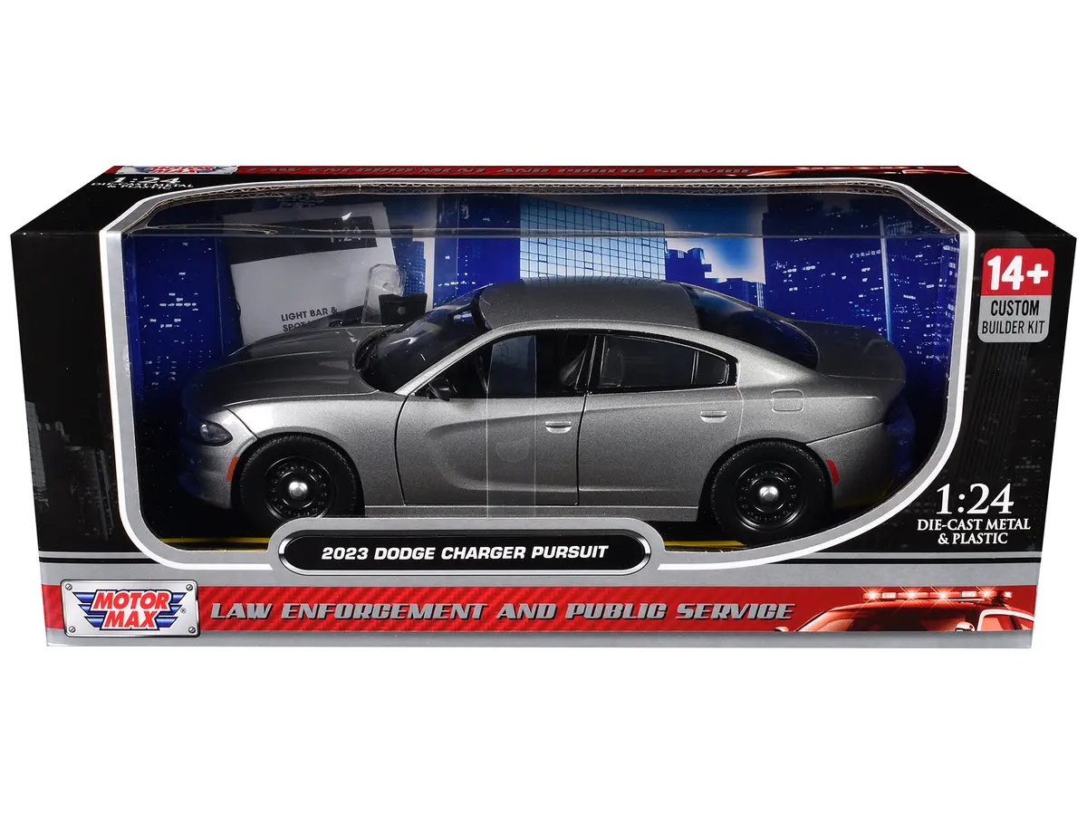 2023 Dodge Charger Pursuit Police Car Silver Metallic "Custom Builder's Kit - Law Enforcement And Public Service" Series 1/24 Diecast Model Car By Motormax 1
