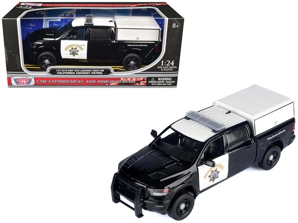 2019 Ram 1500 Laramine Crew Cab Pickup Truck "California Highway Patrol" Black And White With Truck Bed Camper "Law Enforcement And Public Service" Series 1/27 Diecast Model By Motormax 1
