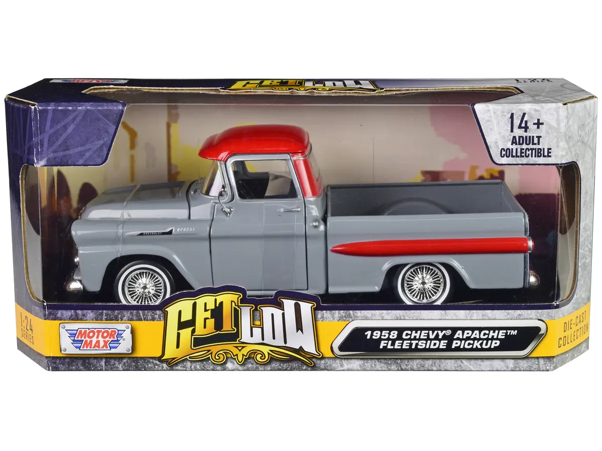 1958 Chevrolet Apache Fleetside "Lowrider" Pickup Truck Gray With Red Top "Get Low" Series 1/24 Diecast Model By Motormax 1