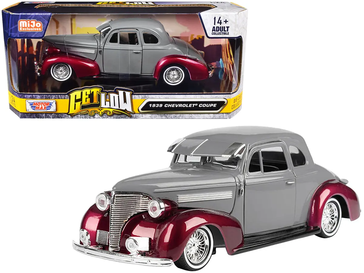 1939 Chevrolet Coupe Lowrider Gray And Red Metallic "Get Low" Series 1/24 Diecast Model Car By Motormax 1