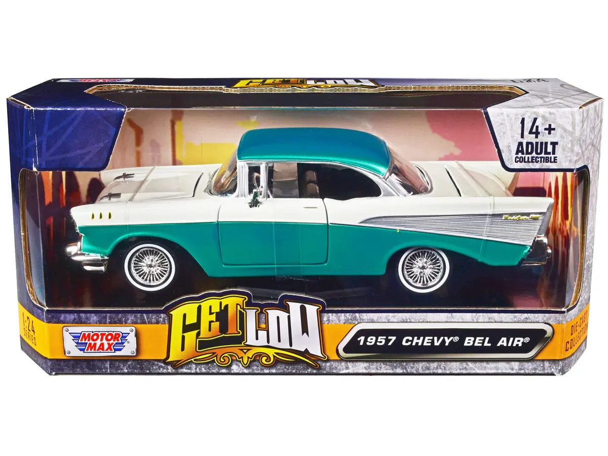 1957 Chevrolet Bel Air Lowrider Turquoise Metallic And White "Get Low" Series 1/24 Diecast Model Car By Motormax 1