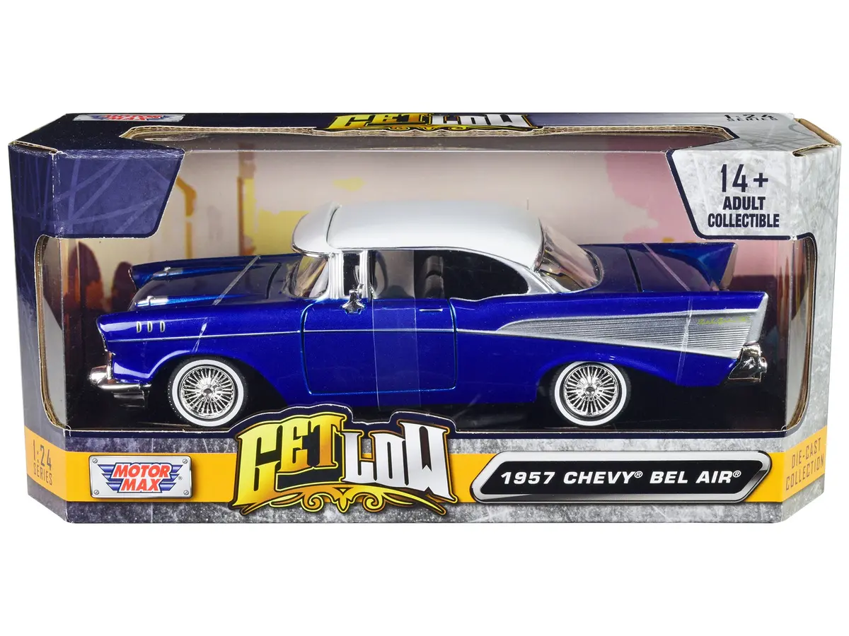 1957 Chevrolet Bel Air "Lowrider" Candy Blue With White Top "Get Low" Series 1/24 Diecast Model Car By Motormax 1