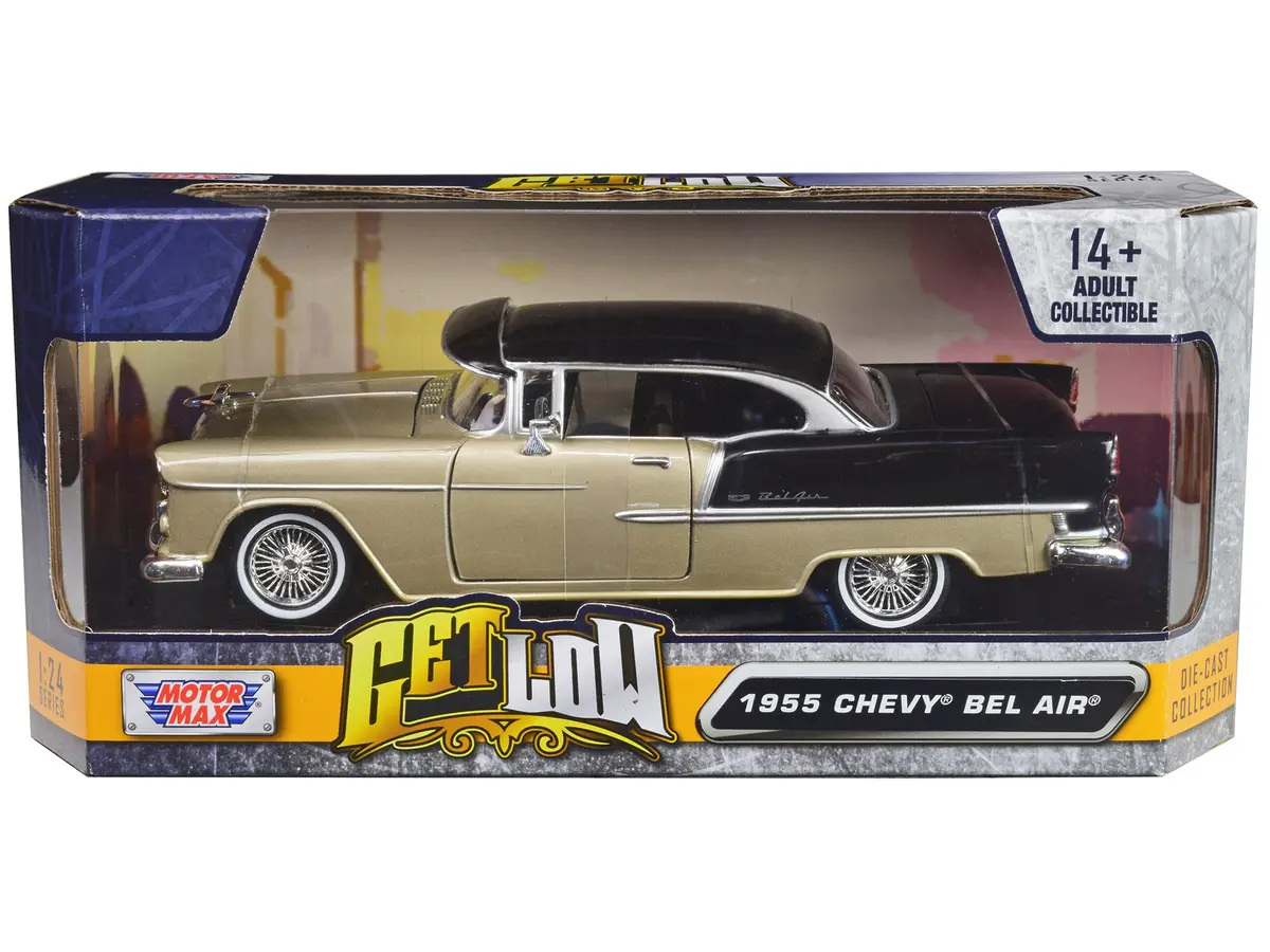 1955 Chevrolet Bel Air Lowrider Hard Top Beige Metallic And Black "Get Low" Series 1/24 Diecast Model Car By Motormax 1