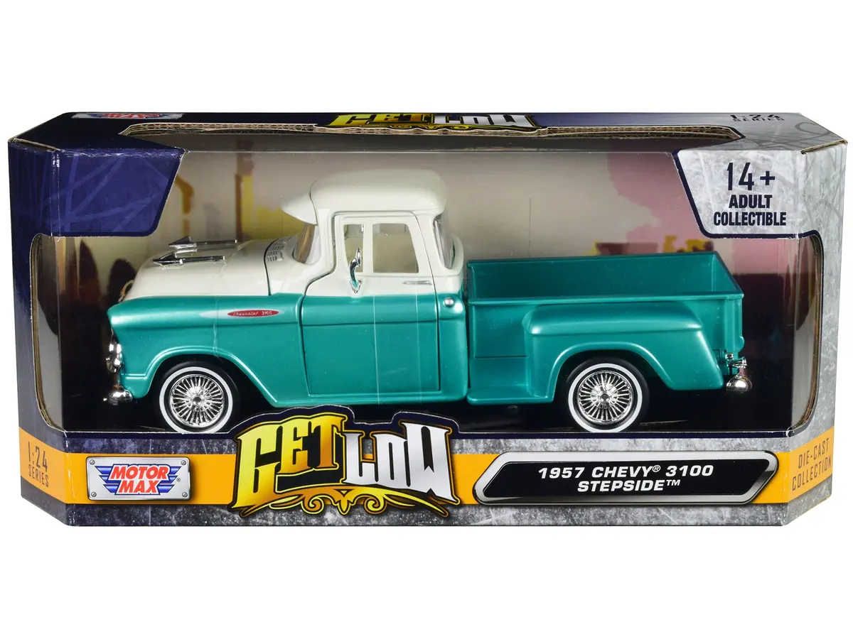1957 Chevrolet 3100 Stepside "Lowrider" Pickup Truck Turquoise Metallic And White With White Interior "Get Low" Series 1/24 Diecast Model By Motormax 1