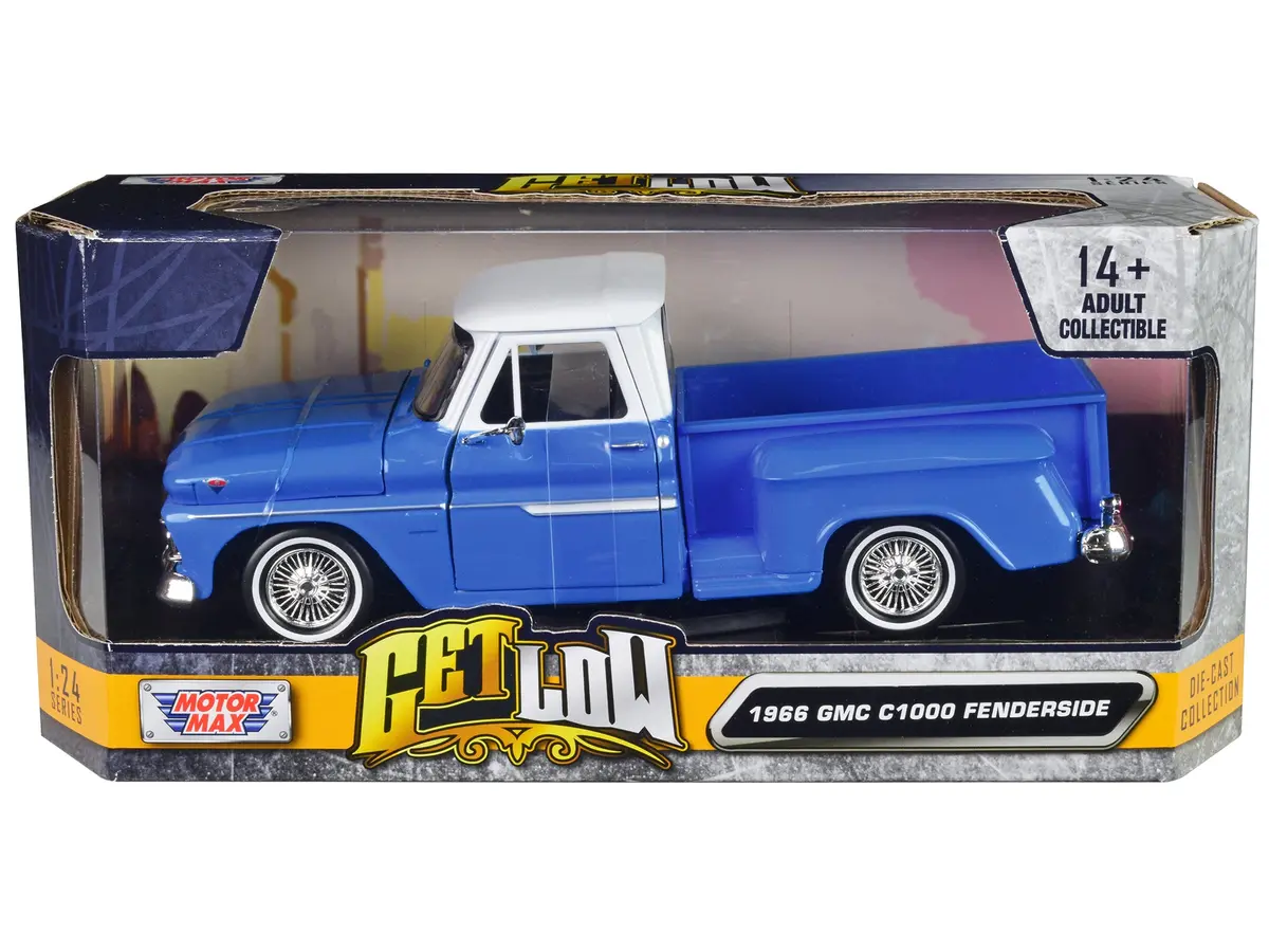 1966 Gmc C1000 Fenderside Pickup Truck Lowrider Blue With White Top "Get Low" Series 1/24 Diecast Model By Motormax 1