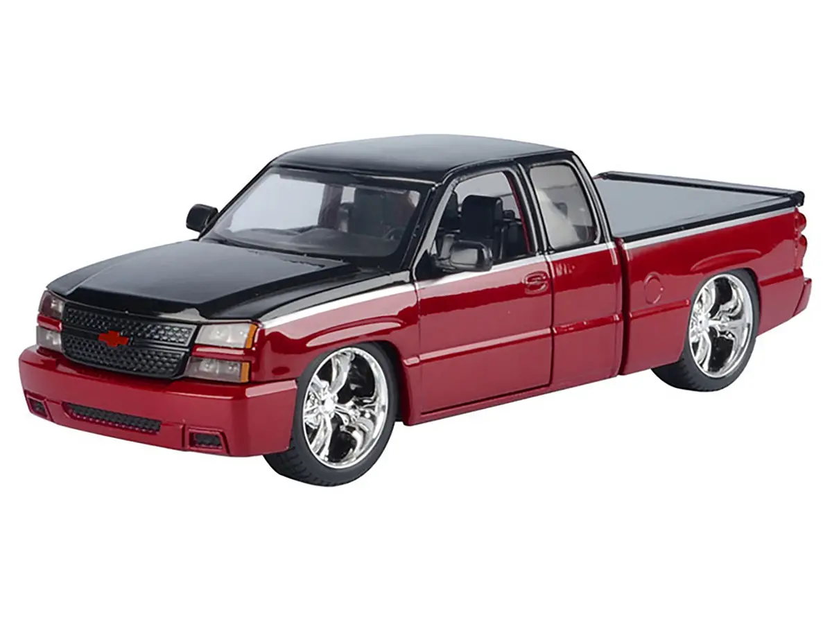2006 Chevrolet Silverado Custom Pickup Truck Red Metallic And Black With Silver Stripes "Die-Cast Collection" Series 1/25 Diecast Model By Motormax 2
