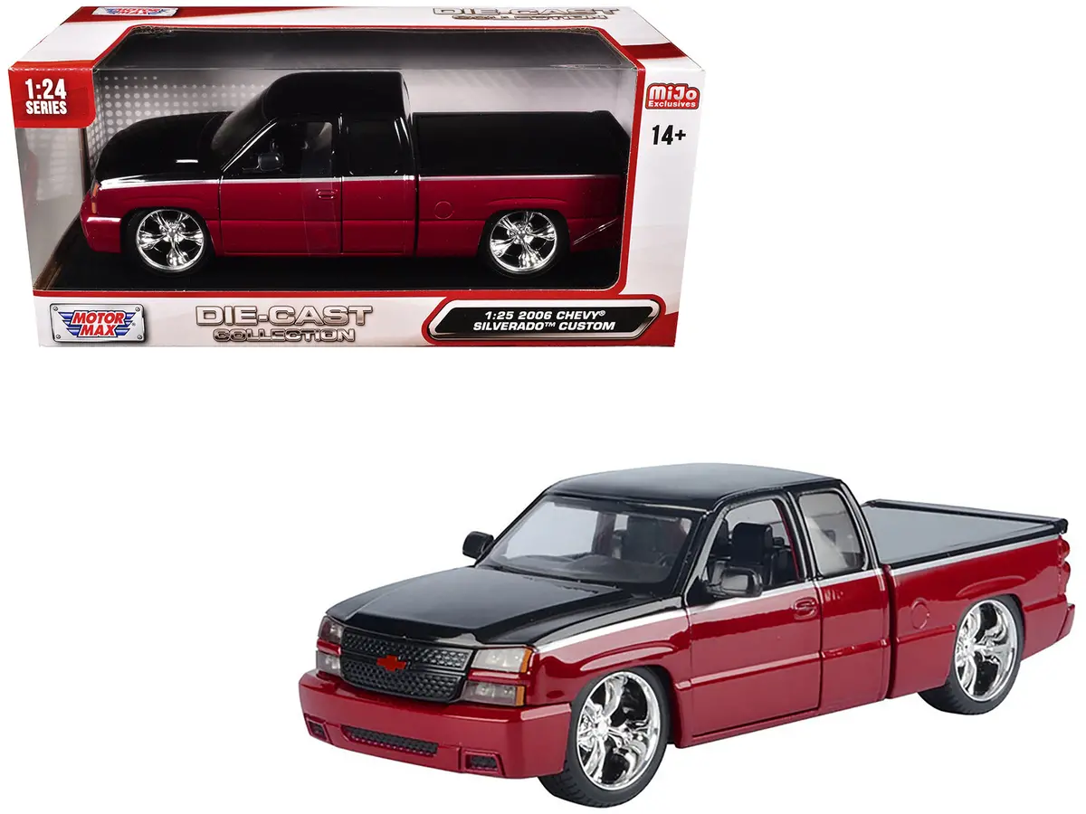 2006 Chevrolet Silverado Custom Pickup Truck Red Metallic And Black With Silver Stripes "Die-Cast Collection" Series 1/25 Diecast Model By Motormax 1