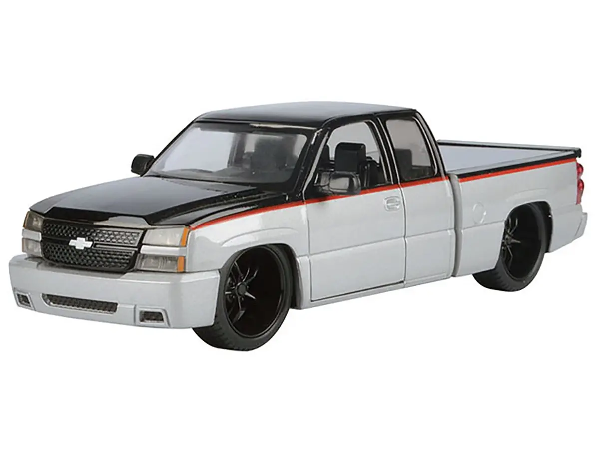 2006 Chevrolet Silverado Custom Pickup Truck Silver Metallic And Black With Red Stripes "Die-Cast Collection" Series 1/25 Diecast Model By Motormax 2