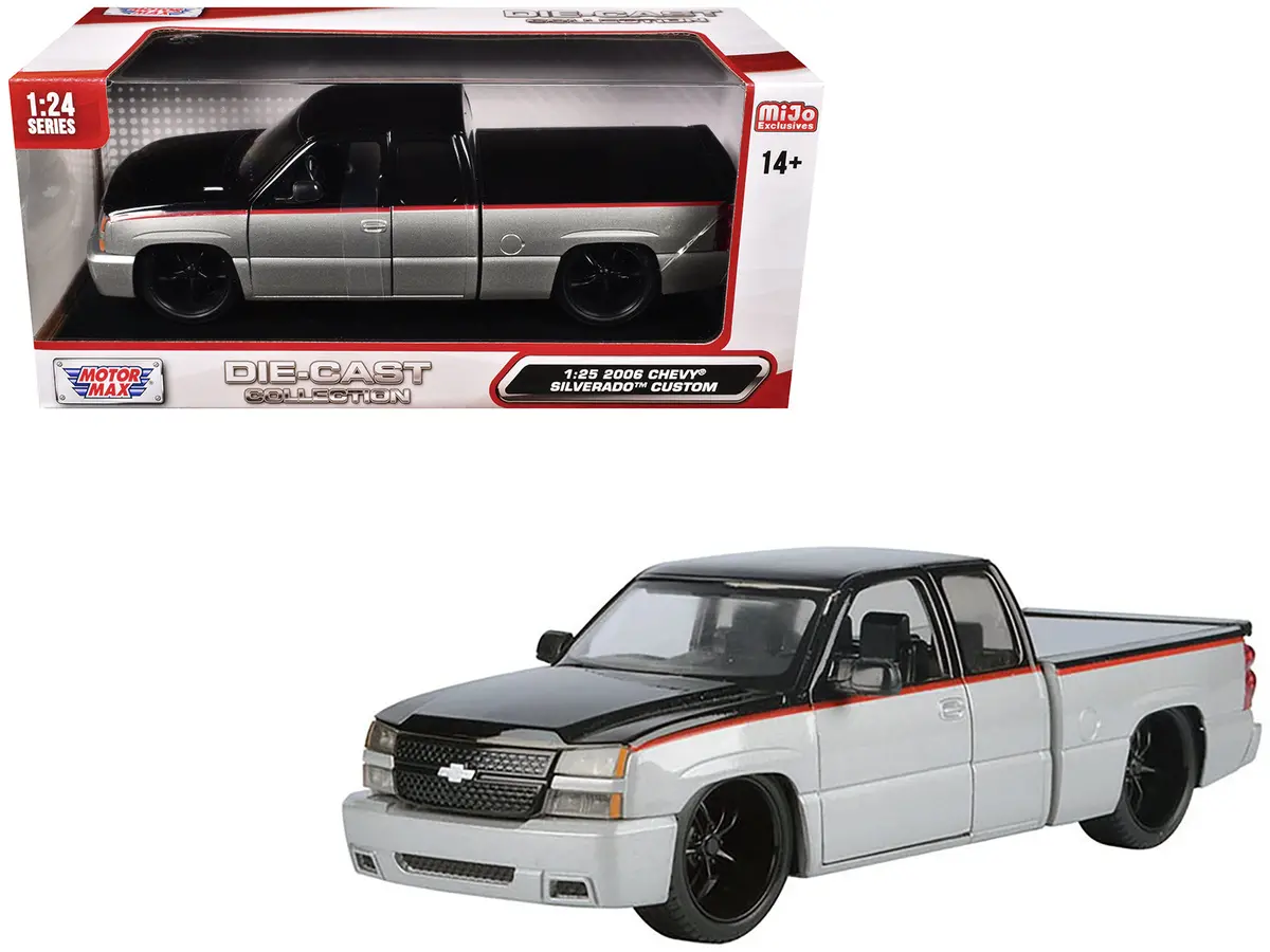 2006 Chevrolet Silverado Custom Pickup Truck Silver Metallic And Black With Red Stripes "Die-Cast Collection" Series 1/25 Diecast Model By Motormax 1