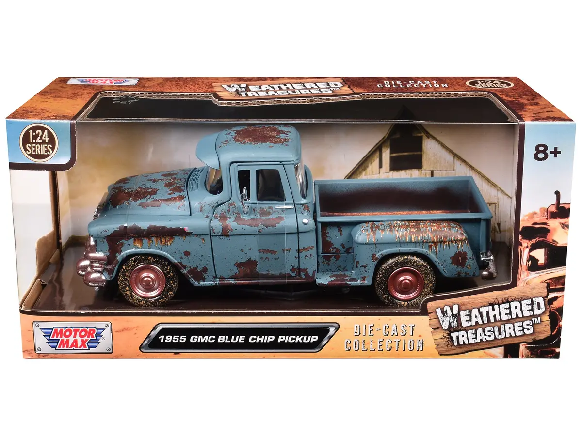 1955 Gmc Blue Chip Pickup Truck Matte Blue (Rusted) "Weathered Treasures" Series 1/24 Diecast Model By Motormax 1