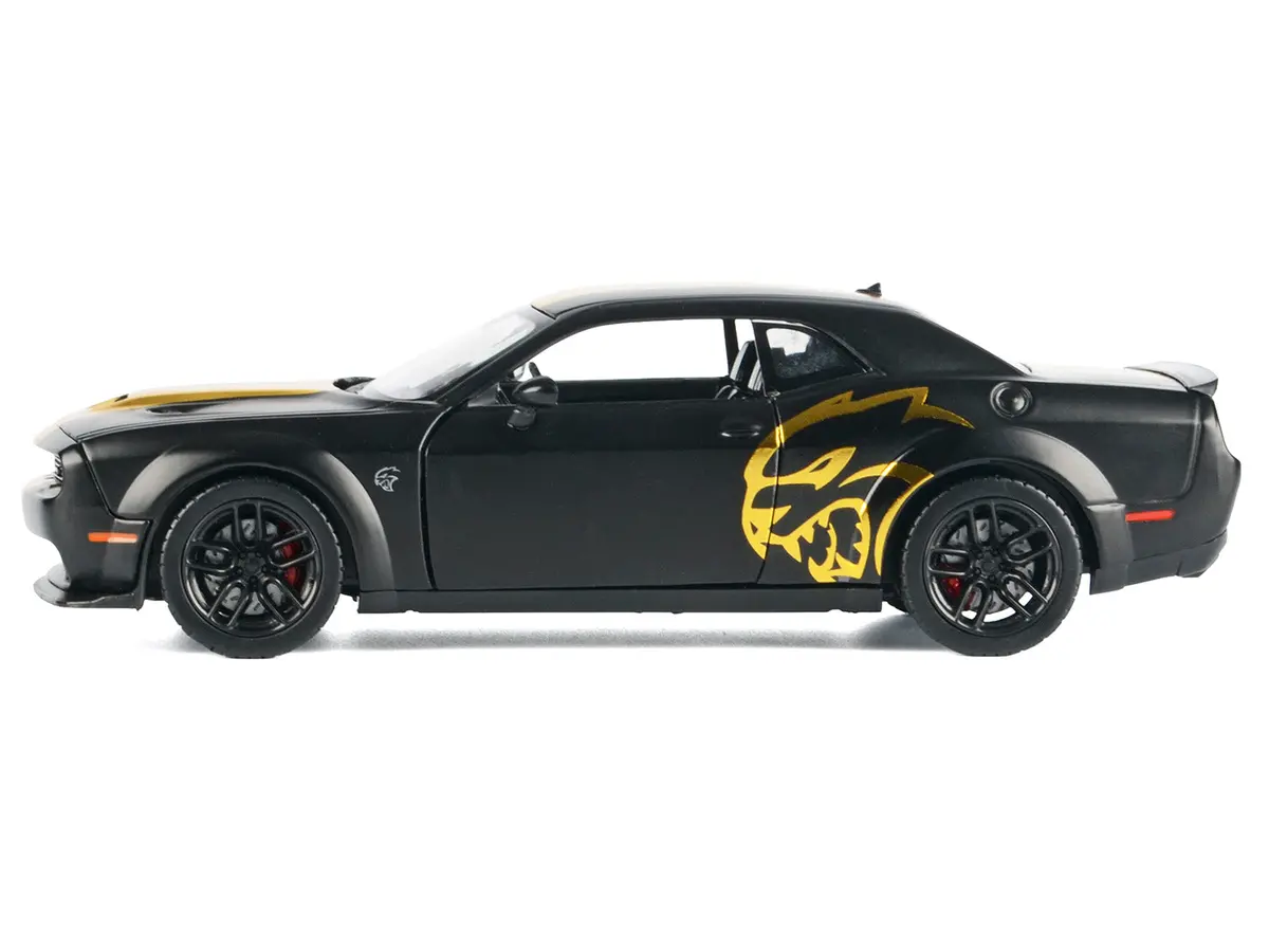 2018 Dodge Challenger Srt Hellcat Widebody Matte Black With Gold Stripes And Graphics "Midnight Eclipse" Series 1/24 Diecast Model Car By Motormax 2