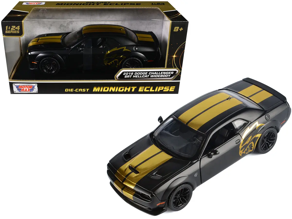 2018 Dodge Challenger Srt Hellcat Widebody Matte Black With Gold Stripes And Graphics "Midnight Eclipse" Series 1/24 Diecast Model Car By Motormax 1