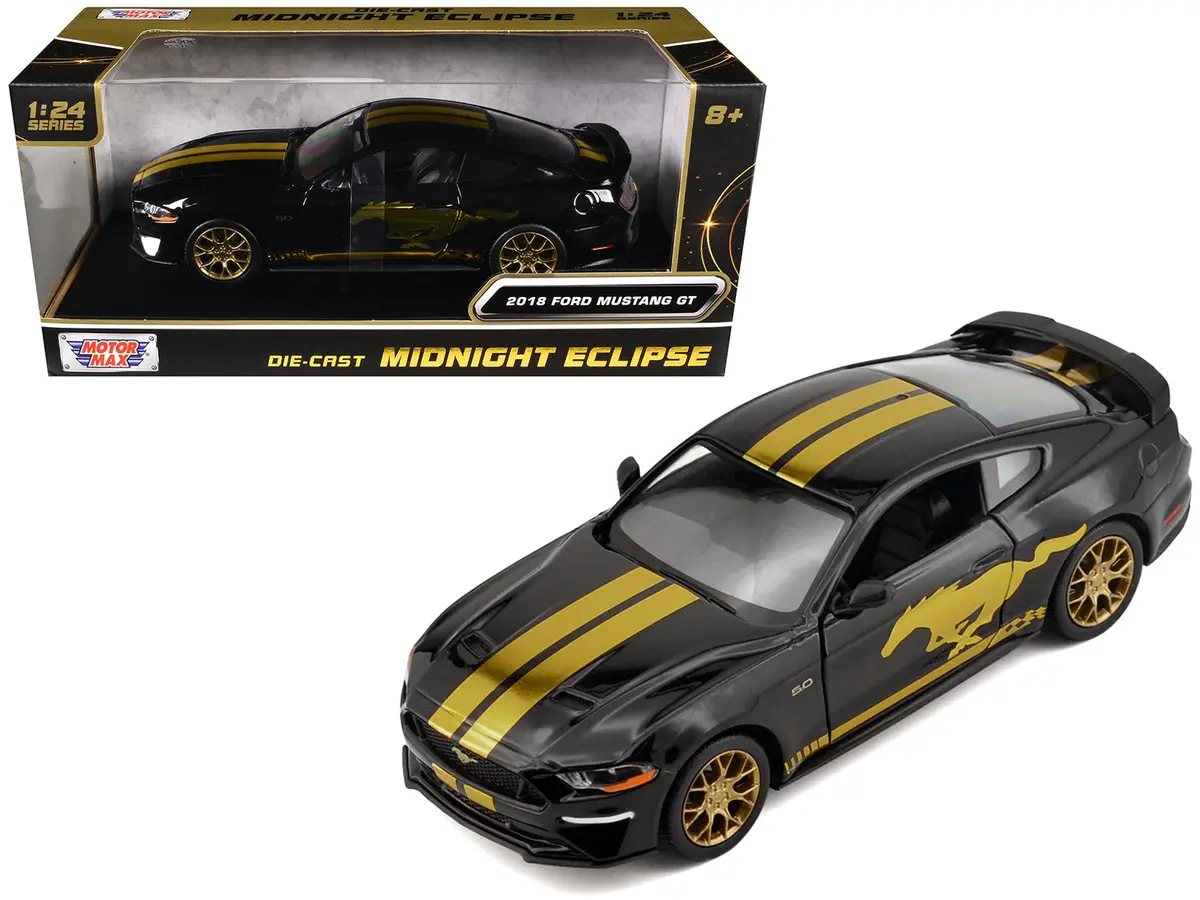2018 Ford Mustang Gt 5.0 Black With Gold Stripes And Graphics "Midnight Eclipse" Series 1/24 Diecast Model Car By Motormax 1
