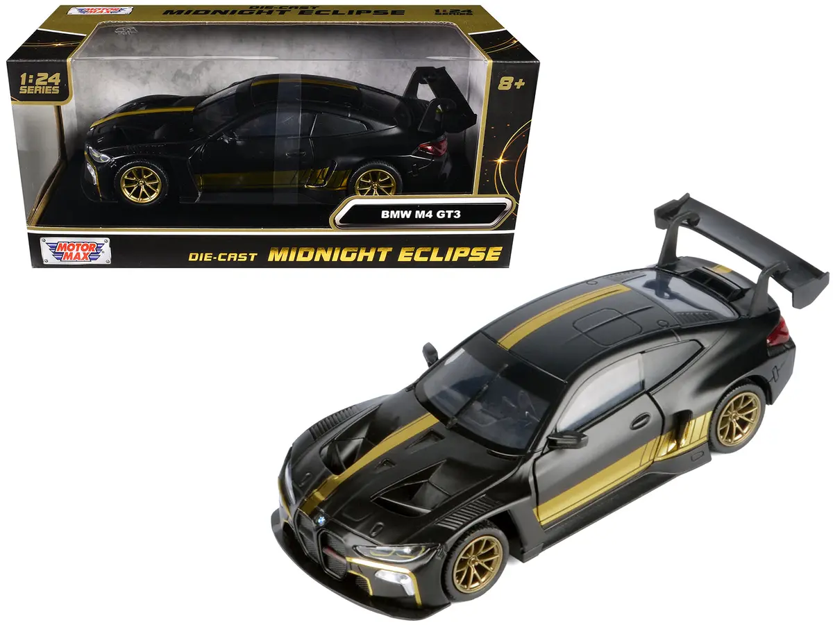 Bmw M4 Gt3 Matte Black With Gold Stripes "Midnight Eclipse" Series 1/24 Diecast Model Car By Motormax 1