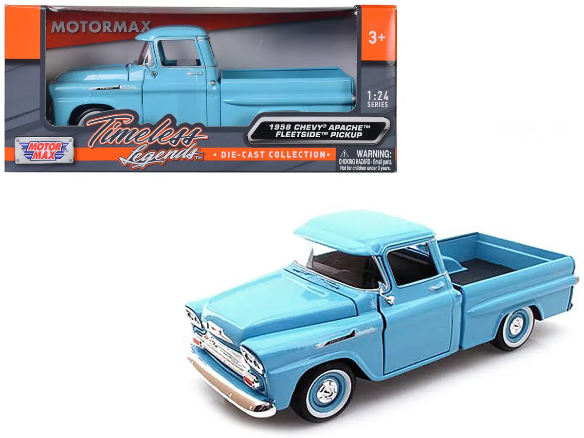 1958 Chevrolet Apache Fleetside Pickup Light Blue 1/24 Diecast Model By Motormax 1