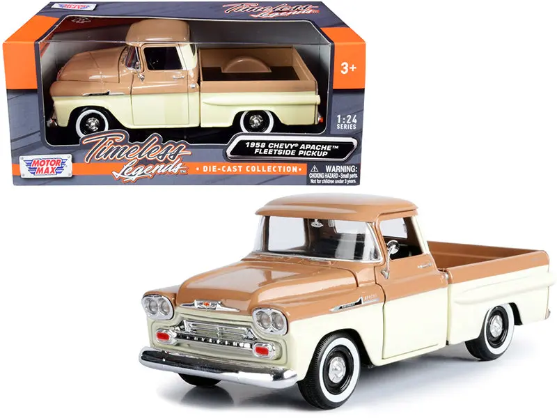 1958 Chevrolet Apache Fleetside Pickup Truck Brown And Beige 1/24 Diecast Model By Motormax 1