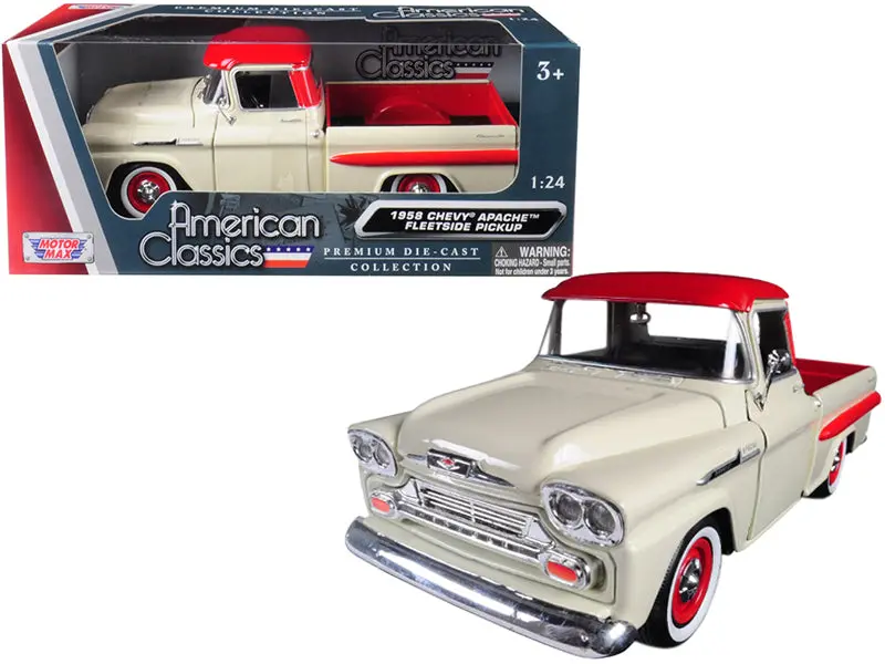 1958 Chevrolet Apache Fleetside Pickup Truck Cream With Red Top 1/24 Diecast Model By Motormax 1