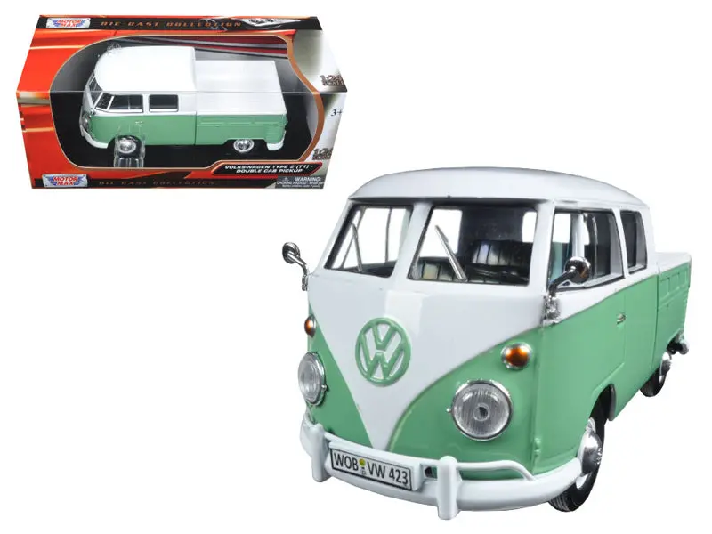 Volkswagen Type 2 (T1) Double Cab Pickup Truck White And Green 1/24 Diecast Model By Motormax 1