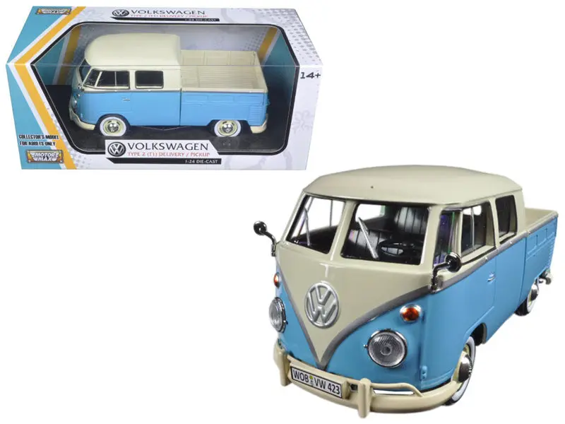 Volkswagen Type 2 (T1) Double Cab Pickup Truck Blue/Cream 1/24 Diecast Model By Motormax 1