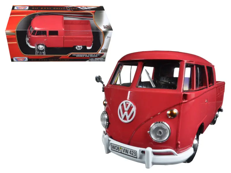Volkswagen Type 2 (T1) Double Cab Pickup Truck Wax Red 1/24 Diecast Model By Motormax 1