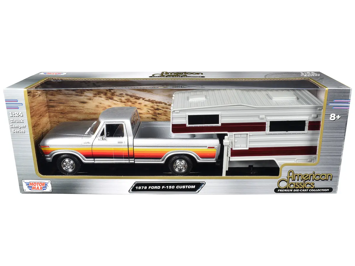 1979 Ford F-150 Custom Pickup Truck Silver Metallic With Side Stripes And A Camper Shell "American Classics" Series 1/24 Diecast Model Car By Motormax 1