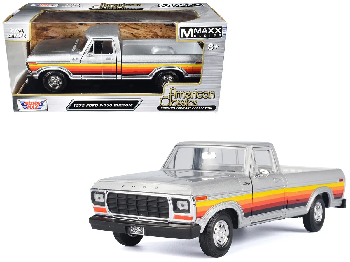 1979 Ford F-150 Custom Pickup Truck Silver Metallic With Side Stripes "American Classics" Series 1/24 Diecast Model By Motormax 1
