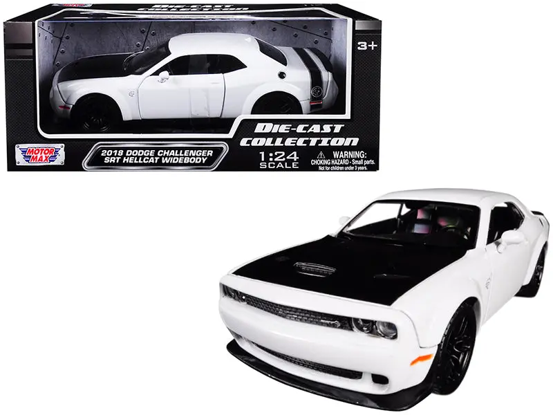 2018 Dodge Challenger Srt Hellcat Widebody White With Black Hood 1/24 Diecast Model Car By Motormax 1