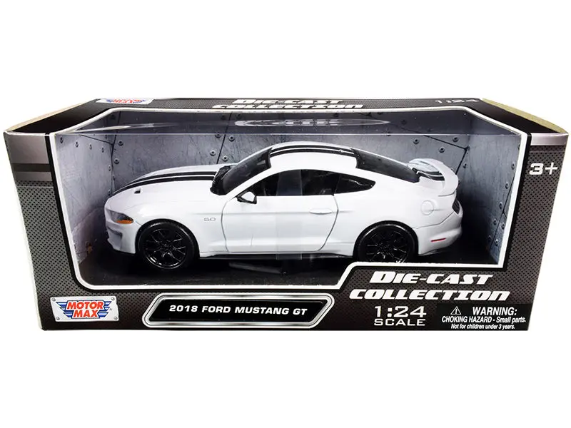 2018 Ford Mustang Gt 5.0 White With Black Stripes 1/24 Diecast Model Car By Motormax 1