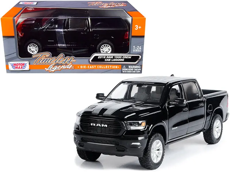 2019 Ram 1500 Laramie Crew Cab Pickup Truck Black With Silver Stripes 1/24 Diecast Model By Motormax 1