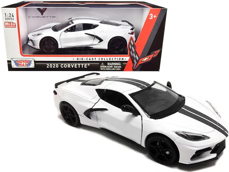 2020 Chevrolet Corvette C8 Stingray White With Gray Stripes 1/24 Diecast Model Car By Motormax 1