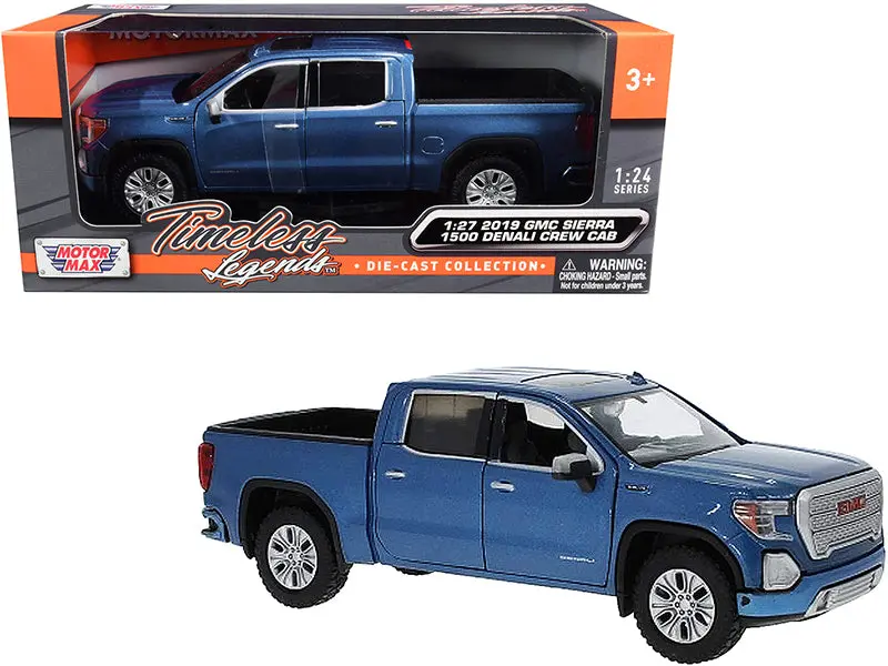 2019 Gmc Sierra 1500 Denali Crew Cab Pickup Truck Blue Metallic 1/27 Diecast Model By Motormax 1