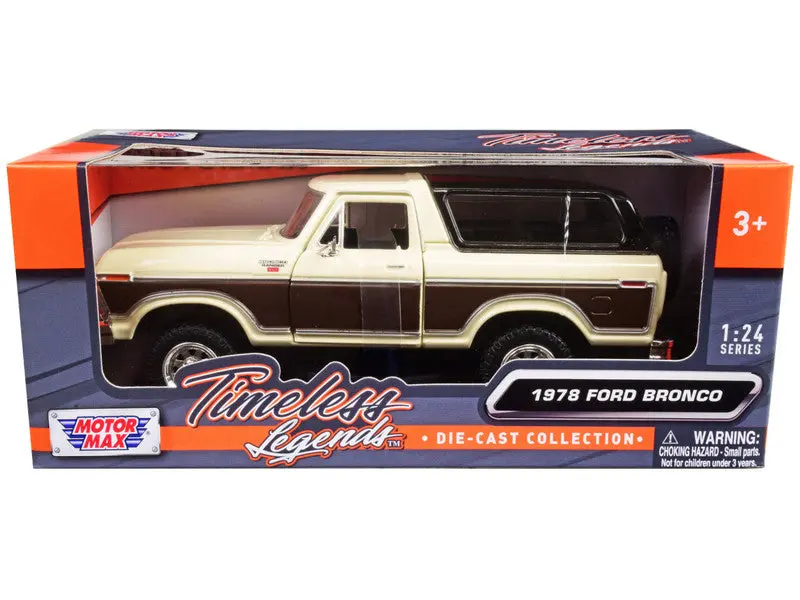 1978 Ford Bronco Ranger Xlt With Spare Tire Cream And Brown With Black Camper Shell "Timeless Legends" Series 1/24 Diecast Model By Motormax 1
