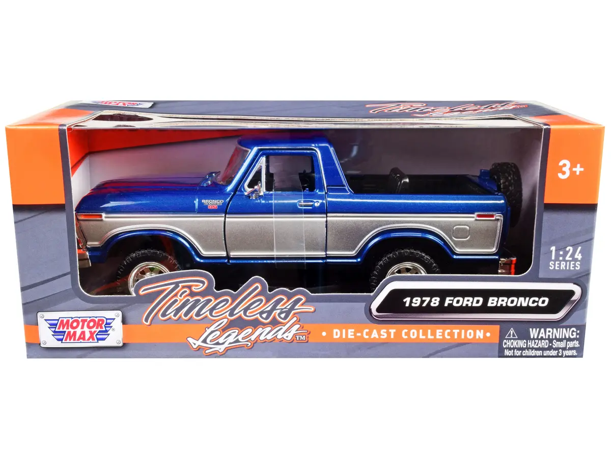 1978 Ford Bronco Ranger Xlt (Open Top) With Spare Tire Blue Metallic And Silver "Timeless Legends" Series 1/24 Diecast Model By Motormax 1