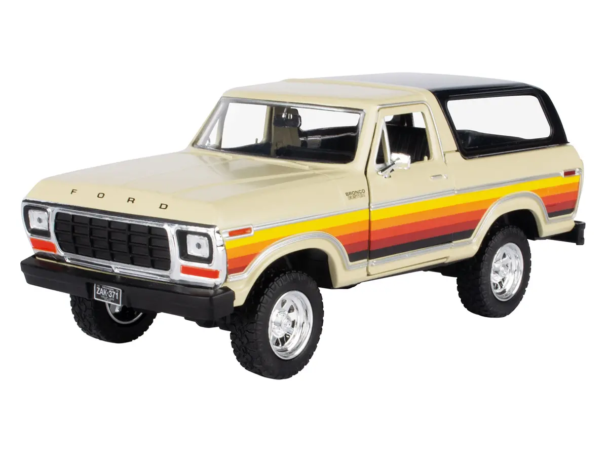 1978 Ford Bronco Custom Cream With Stripes And Black Top "Platinum Collection" Series 1/24 Diecast Model By Motormax 2