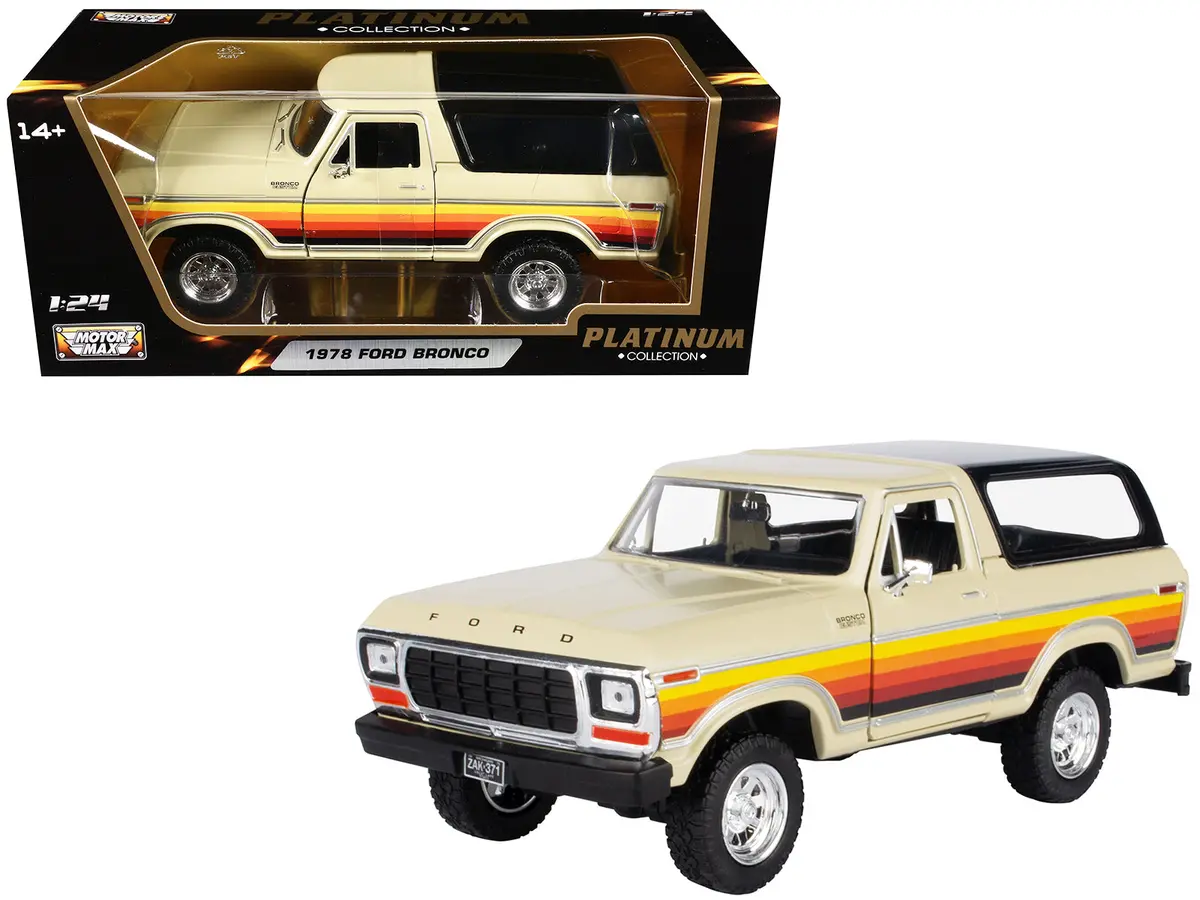 1978 Ford Bronco Custom Cream With Stripes And Black Top "Platinum Collection" Series 1/24 Diecast Model By Motormax 1