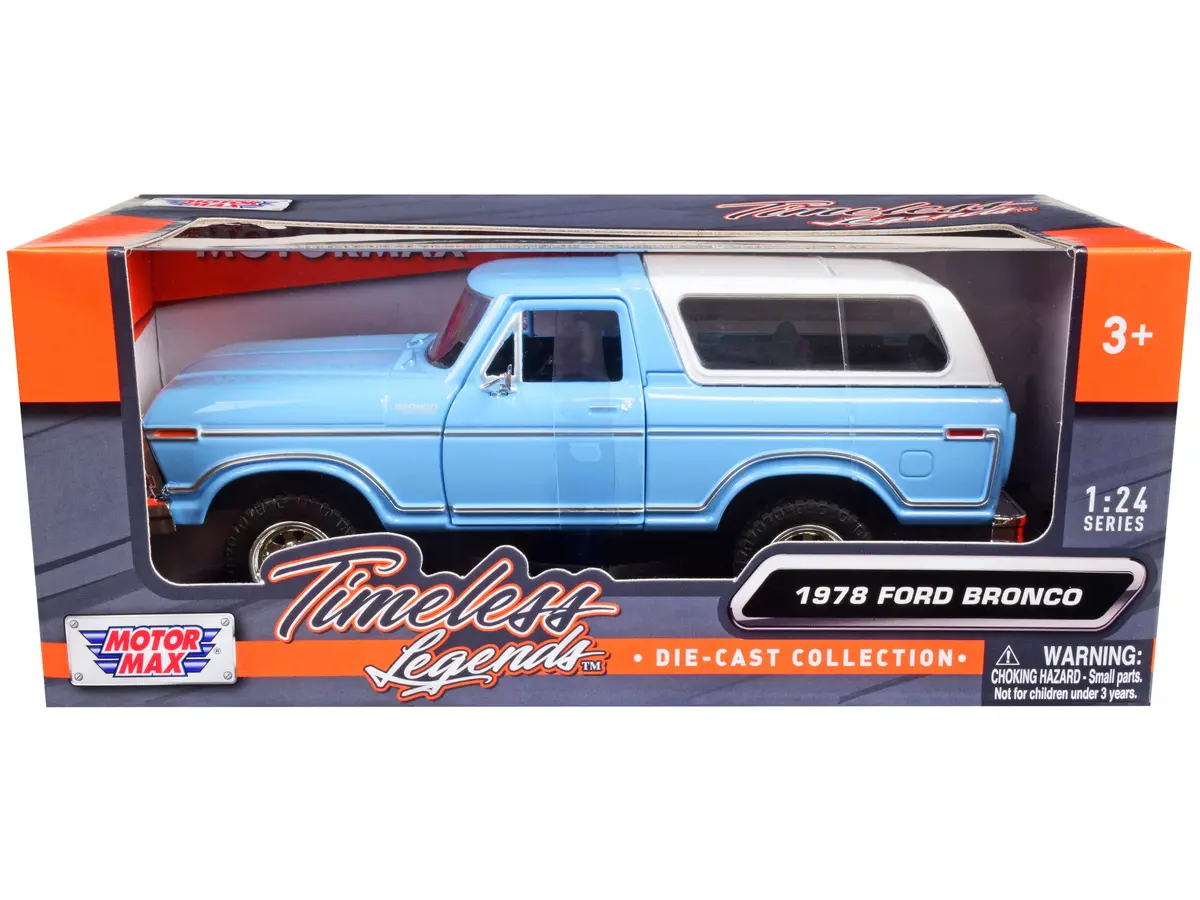 1978 Ford Bronco Custom Light Blue And White "Timeless Legends" Series 1/24 Diecast Model By Motormax 1