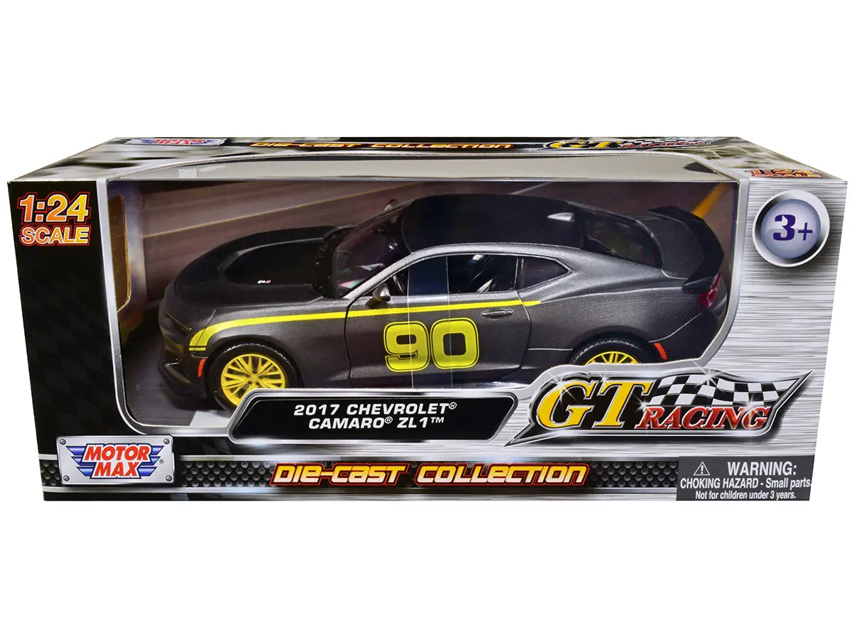 2017 Chevrolet Camaro Zl1 #90 Matte Gray With Yellow Stripes "Gt Racing" Series 1/24 Diecast Model Car By Motormax 1