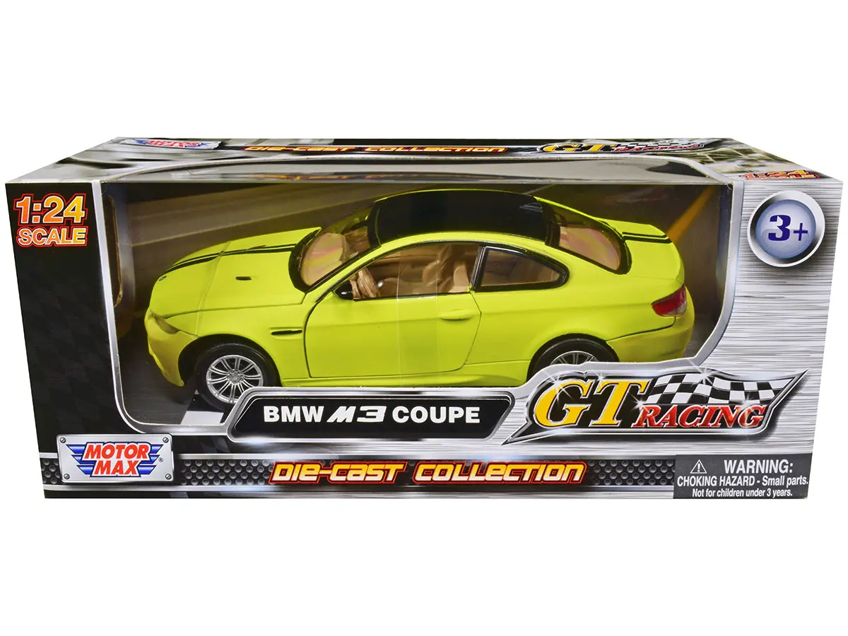 Bmw M3 Coupe Neon Yellow With Matte Black Top And Stripes "Gt Racing" Series 1/24 Diecast Model Car By Motormax 1