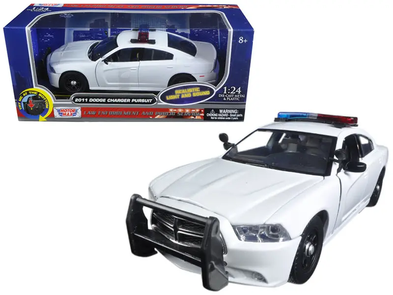 2011 Dodge Charger Pursuit Police Car White With Flashing Light Bar, Front And Rear Lights And 2 Sounds 1/24 Diecast Model Car  By Motormax 1